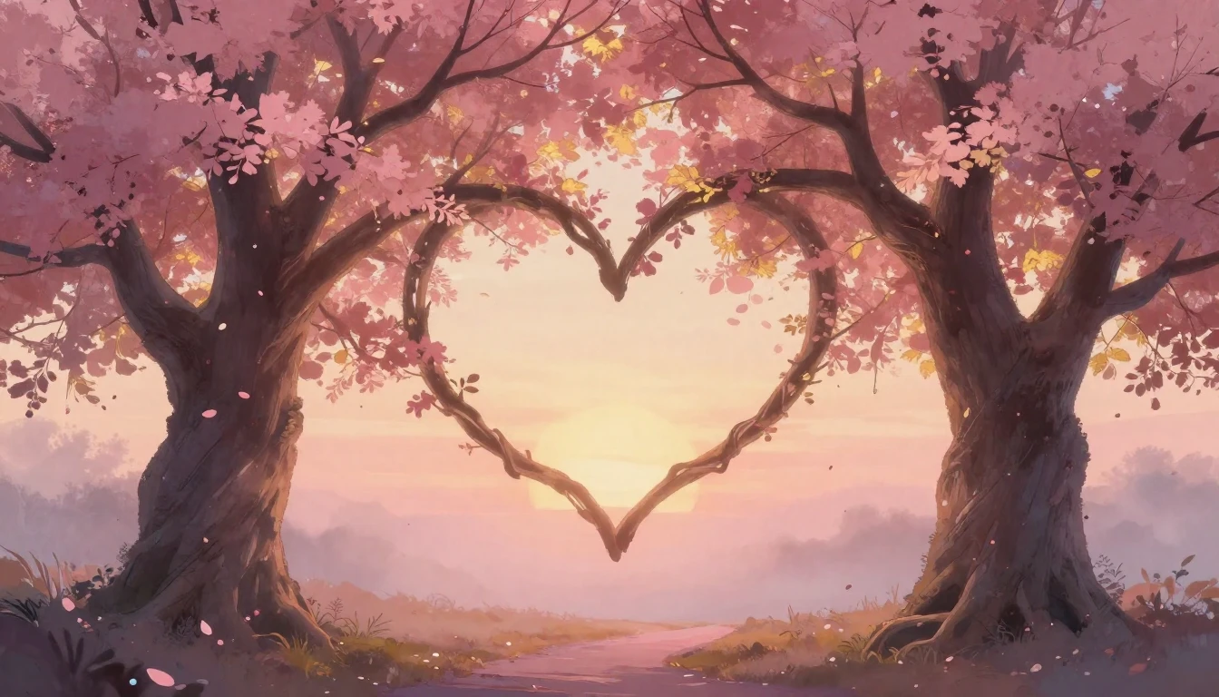 A romantic and ethereal scene depicting two large, ancient t...