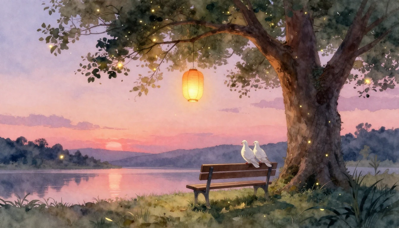 A soft and romantic watercolor painting depicting a wooden b...
