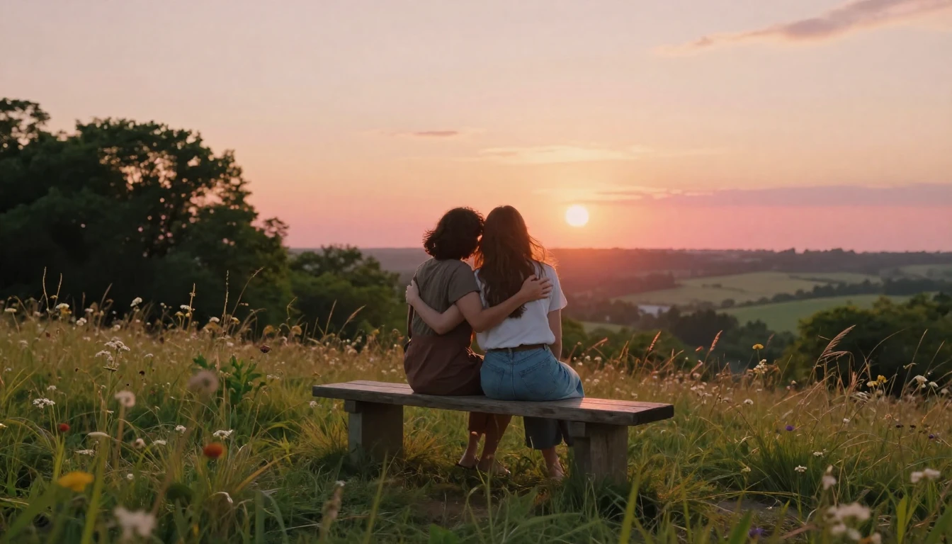 A heartwarming scene of two close friends sitting on a woode...