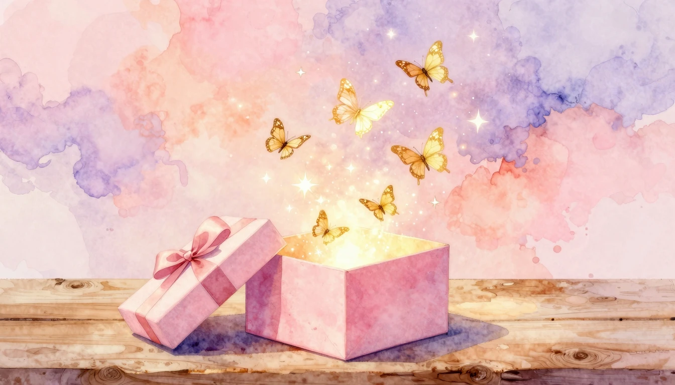 A dreamy watercolor painting of an open, elegant gift box re...