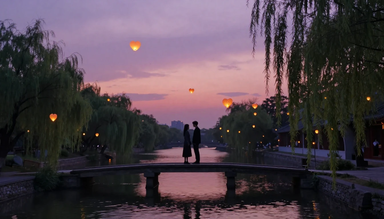A dreamy and romantic scene of two silhouettes standing on a...