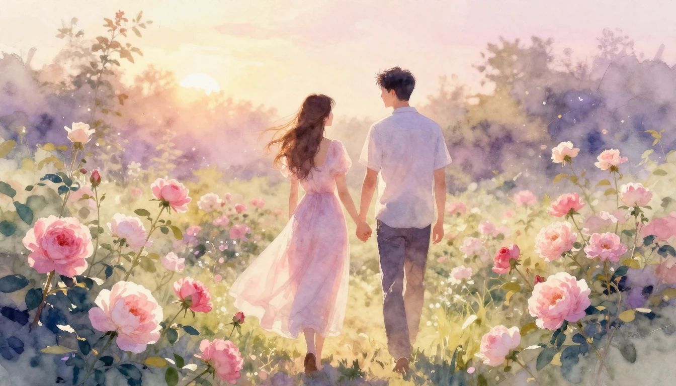 A dreamy and romantic watercolor painting of a couple walkin...