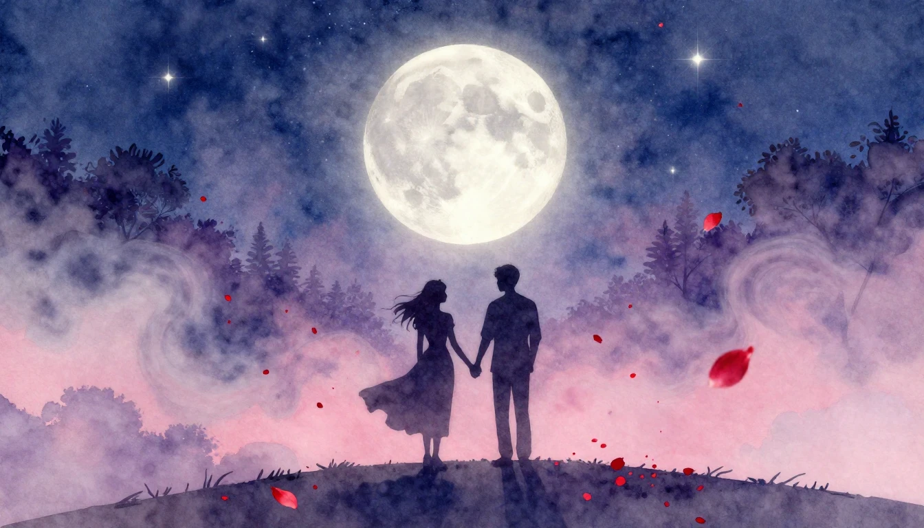 A dreamy and romantic watercolor painting depicting two silh...