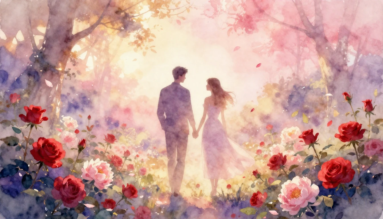 A dreamy watercolor painting depicting a romantic and serene...