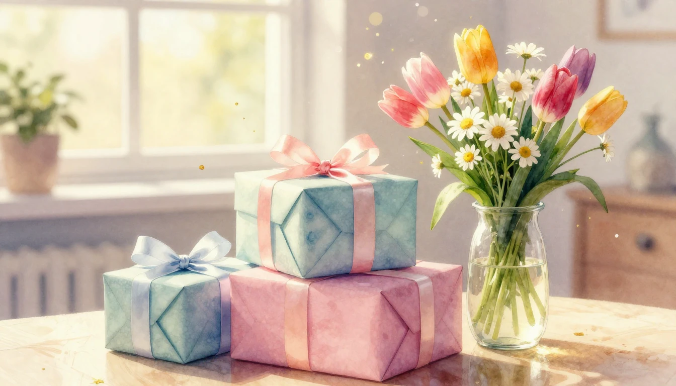 A serene and festive scene featuring a stack of beautifully ...