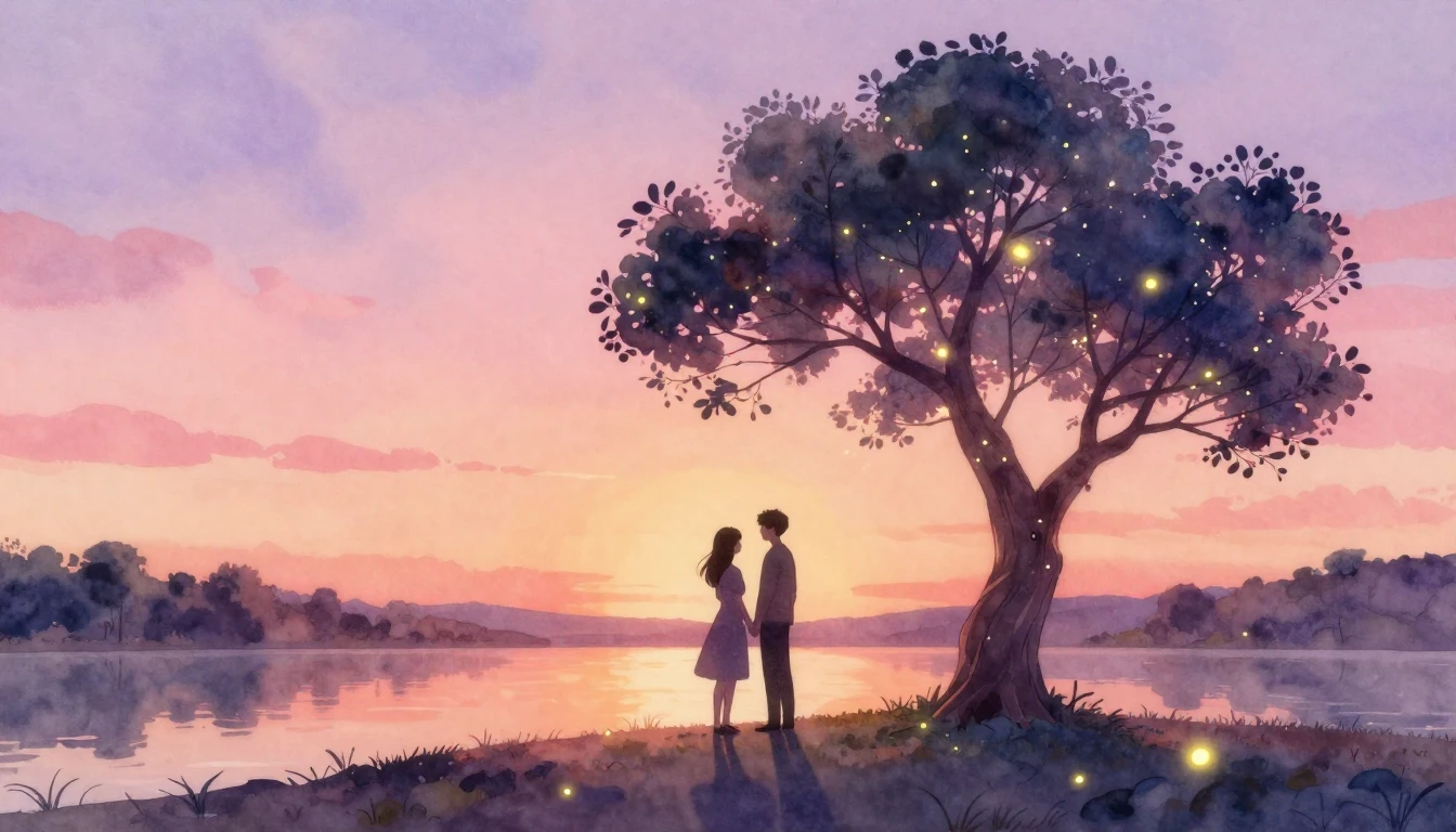 A romantic and dreamy watercolor scene featuring the silhoue...