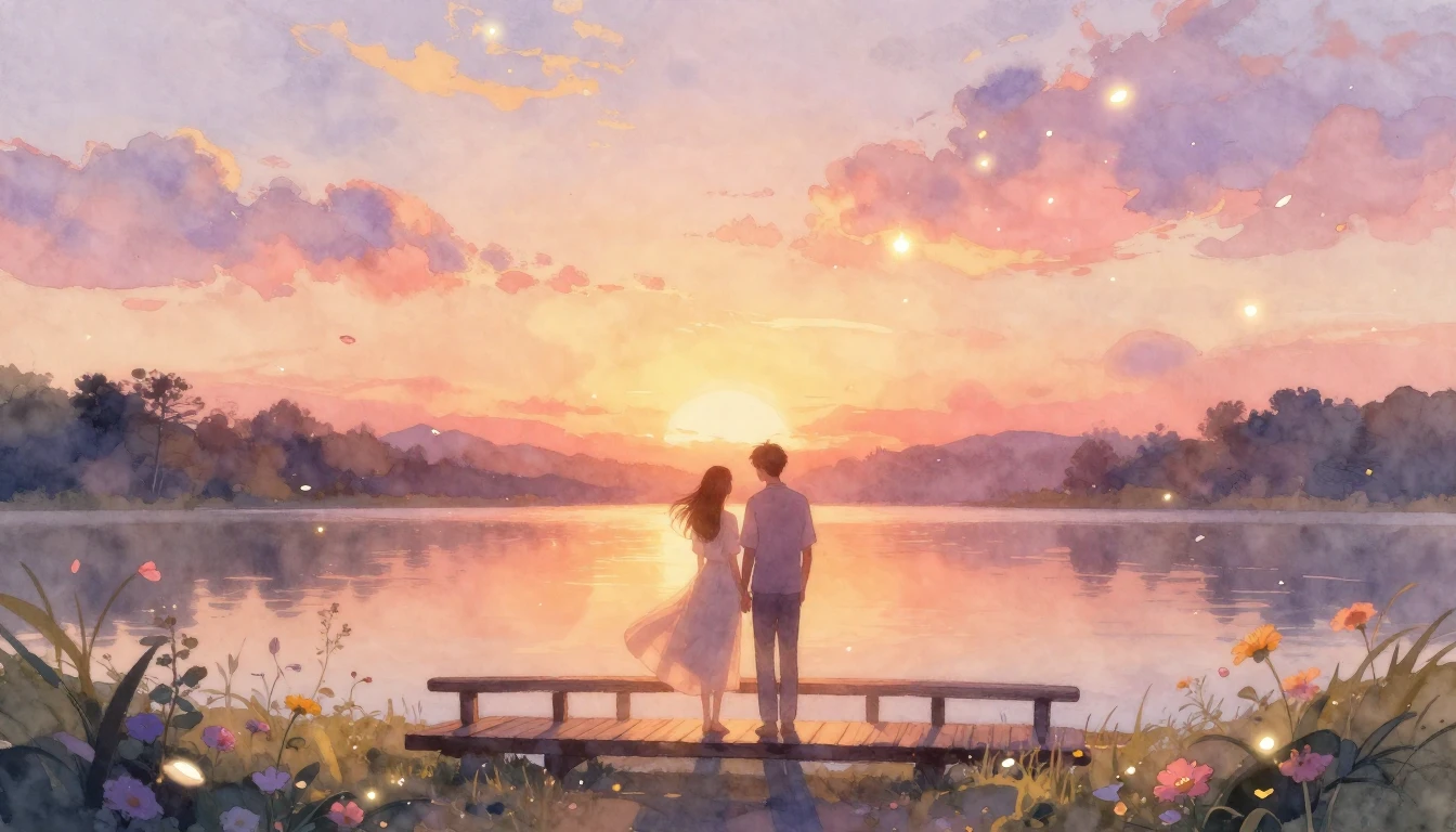 A romantic and dreamlike scene in soft watercolor style. Two...