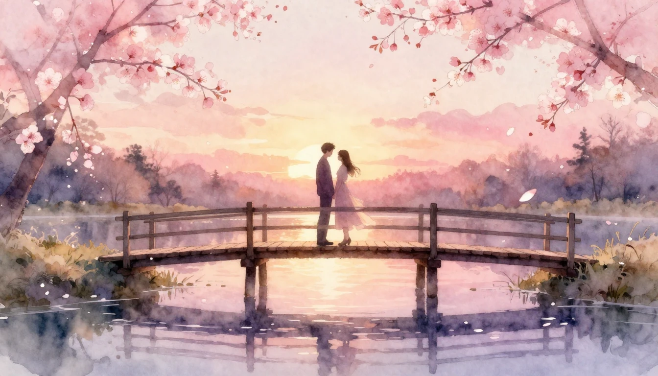 A dreamlike and romantic scene in a soft watercolor style. T...