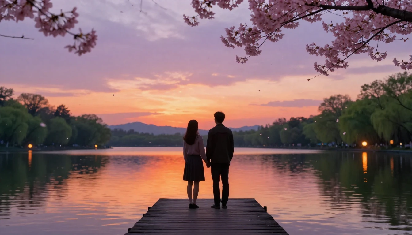 A breathtakingly romantic scene at sunset by a serene lake. ...
