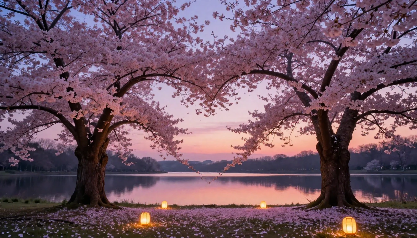 A whimsical and romantic scene featuring two large cherry bl...