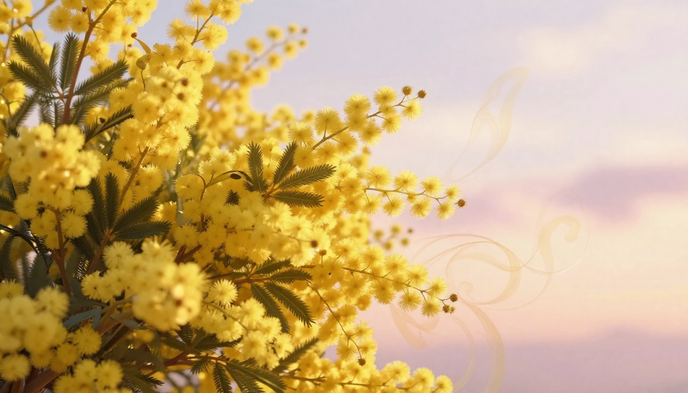 A vibrant bouquet of yellow mimosa flowers blooming under a ...