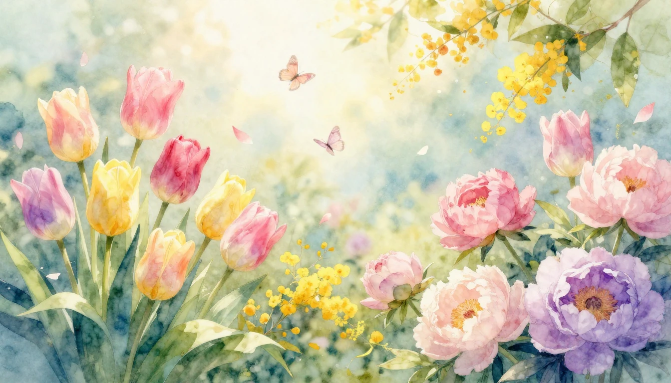 A dreamy and vibrant watercolor painting of a lush spring ga...