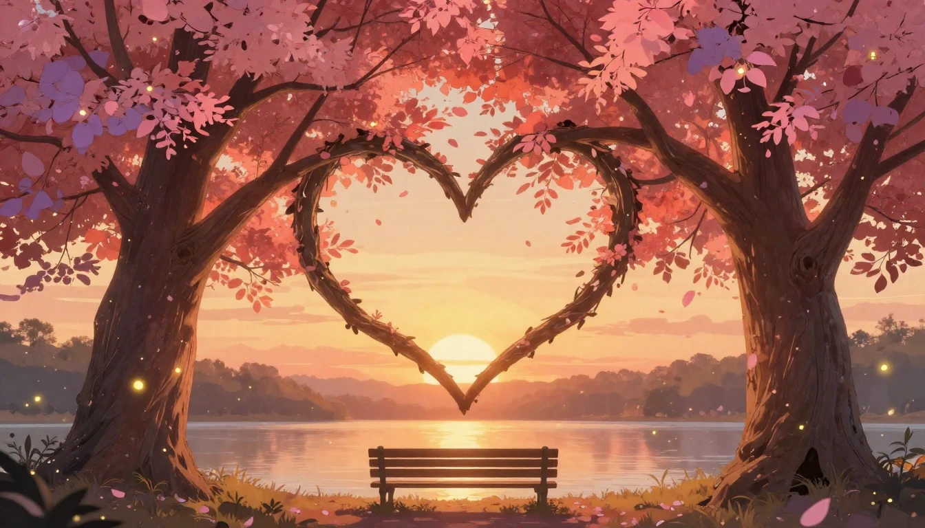 A romantic and dreamy scene featuring two majestic trees wit...