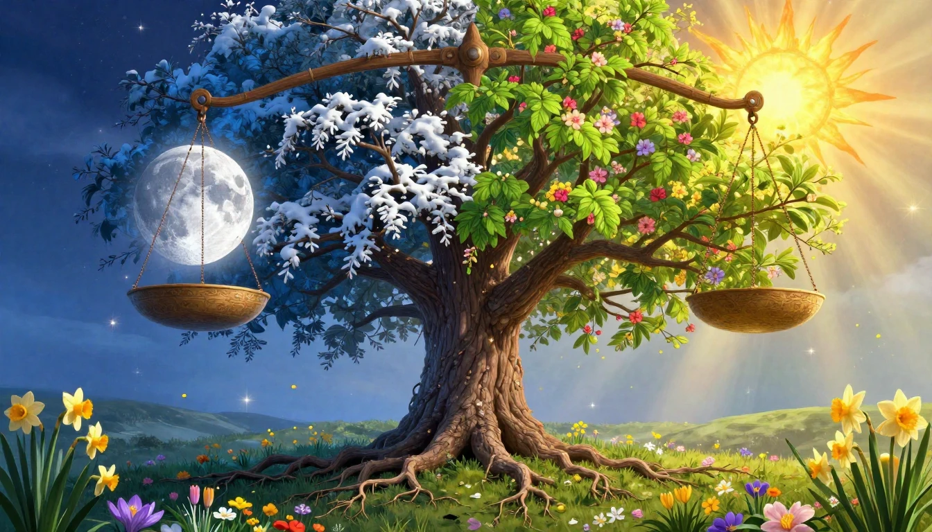 A mystical and vibrant scene representing the Spring Equinox...