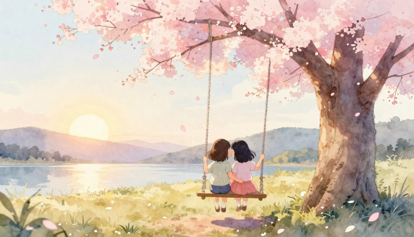 A soft and dreamy watercolor illustration of two sisters sit...