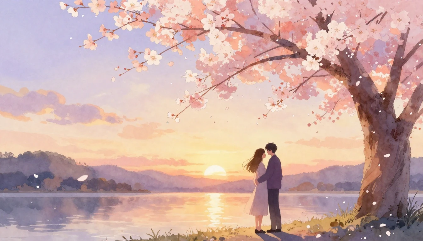 A dreamy and romantic watercolor illustration of two silhoue...