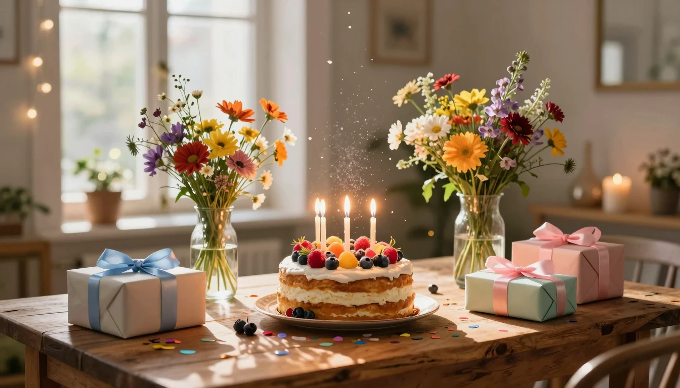 A warm and festive birthday scene in a cozy, sunlit room. On...