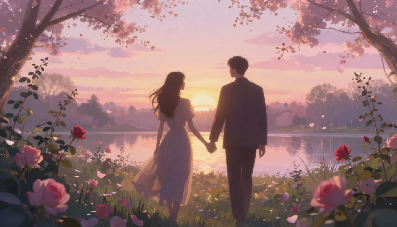 A soft and romantic scene of two silhouettes walking hand-in...