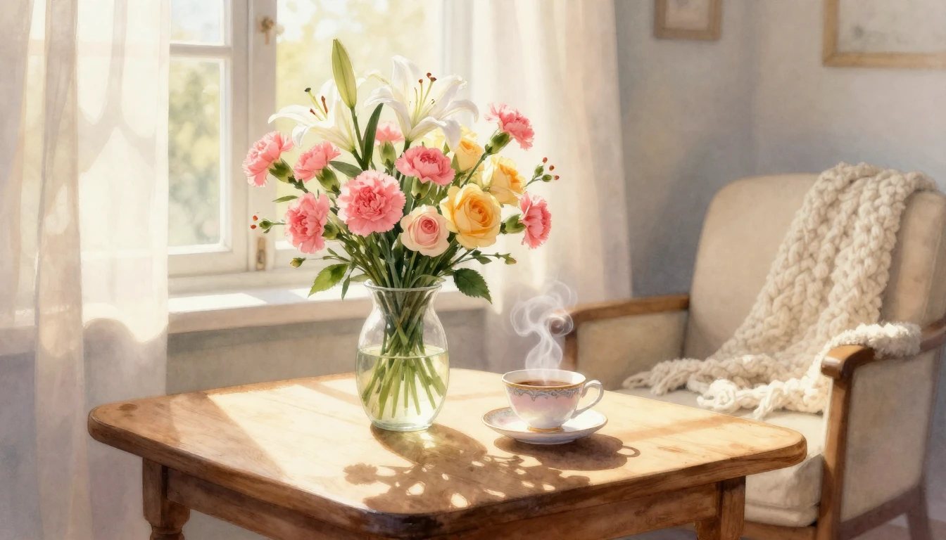 A beautiful and serene watercolor painting of a sun-drenched...