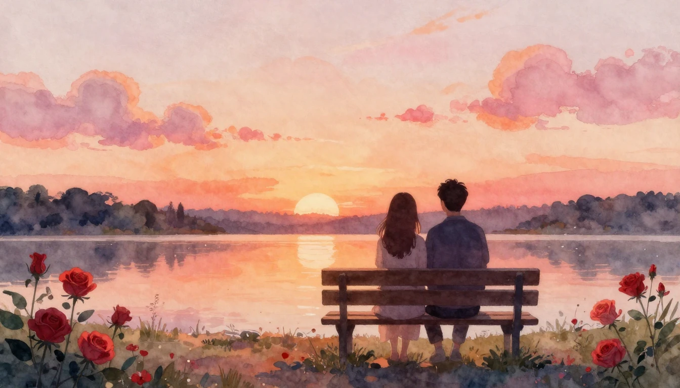 A romantic watercolor painting depicting a serene sunset lan...