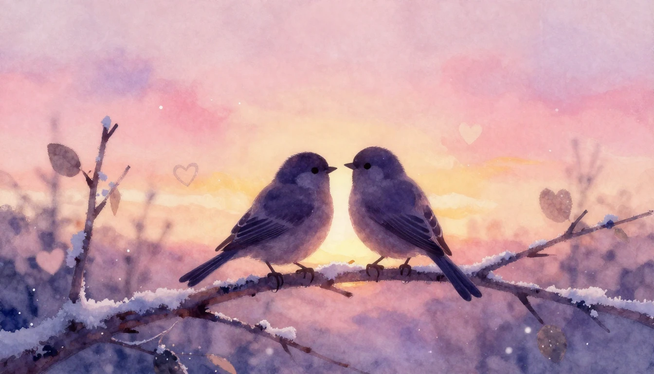 A soft, dreamy watercolor painting depicting two silhouetted...