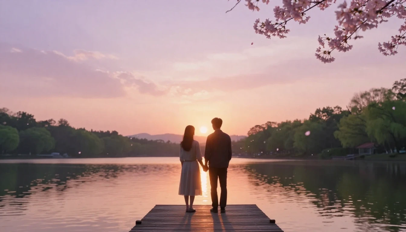 A dreamy and romantic scene of two silhouettes holding hands...