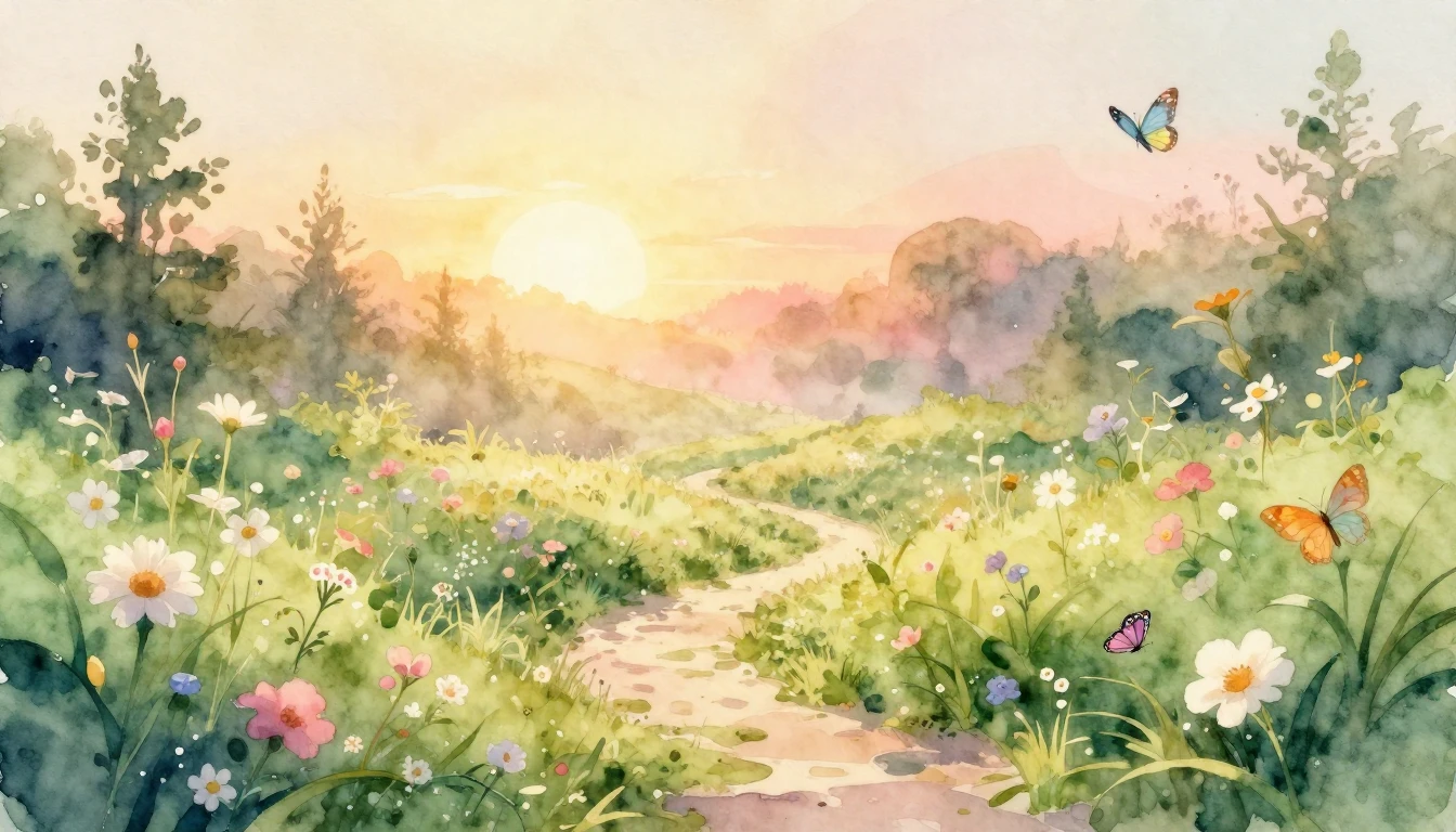 A serene and magical landscape depicting a lush garden at su...