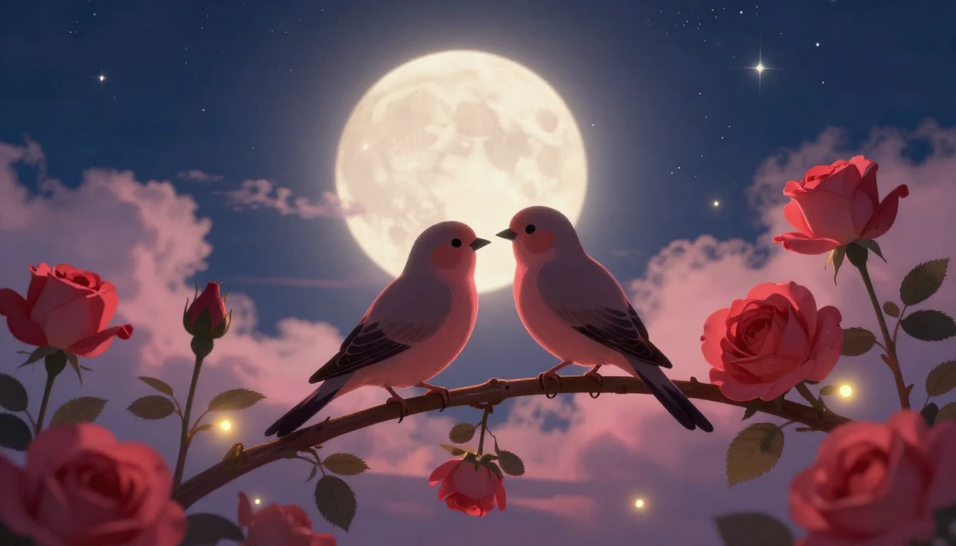 A beautiful, romantic scene of two delicate silhouetted bird...