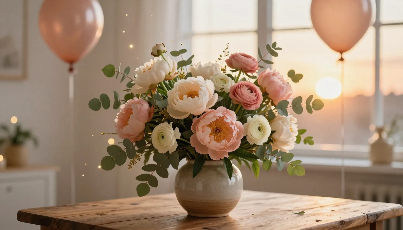A dreamy and elegant birthday scene featuring a large, lush ...
