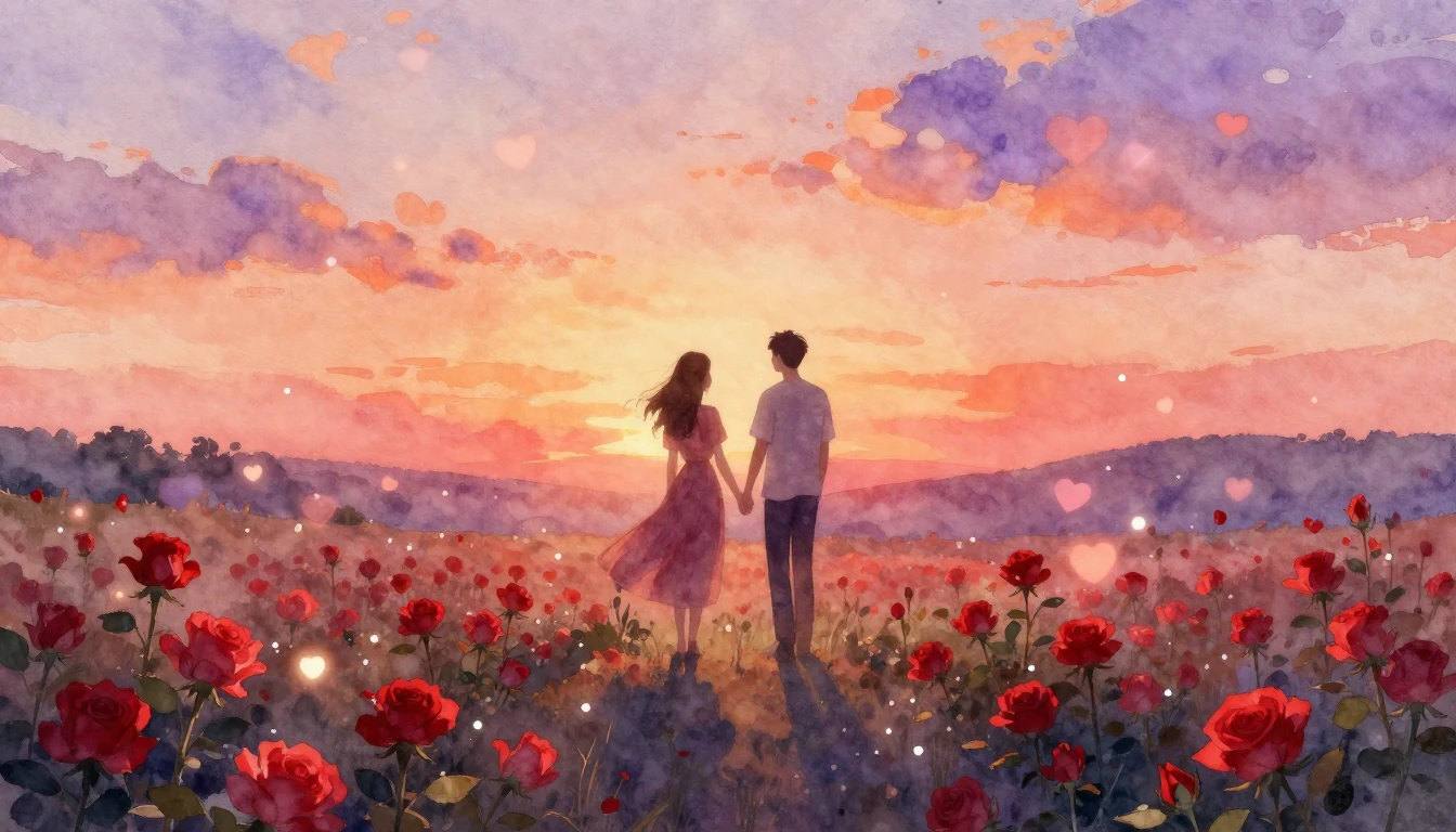 A soft and dreamy watercolor painting depicting a romantic a...