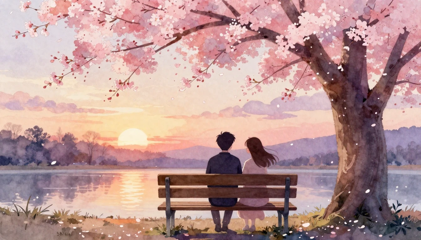 A romantic and dreamy watercolor illustration of two stylize...