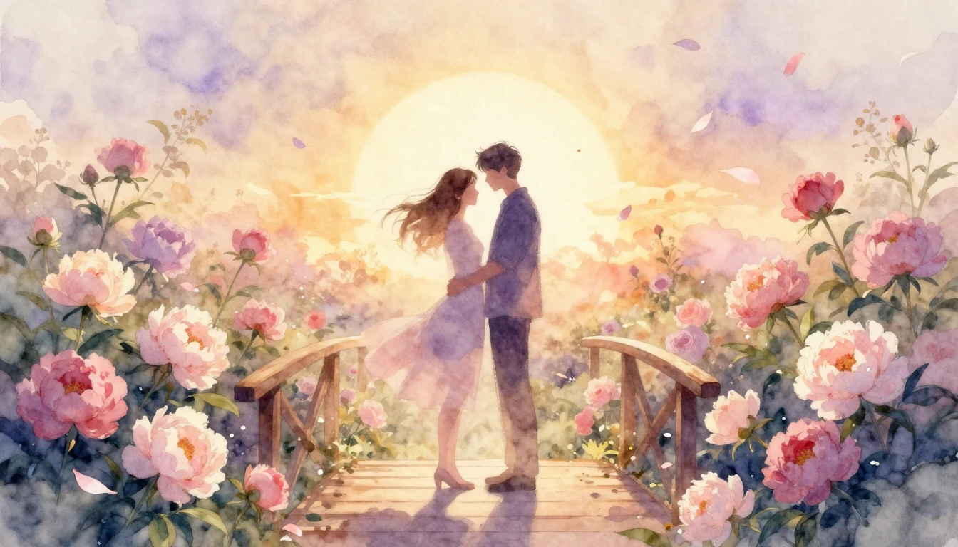 A dreamy and romantic watercolor illustration of two silhoue...