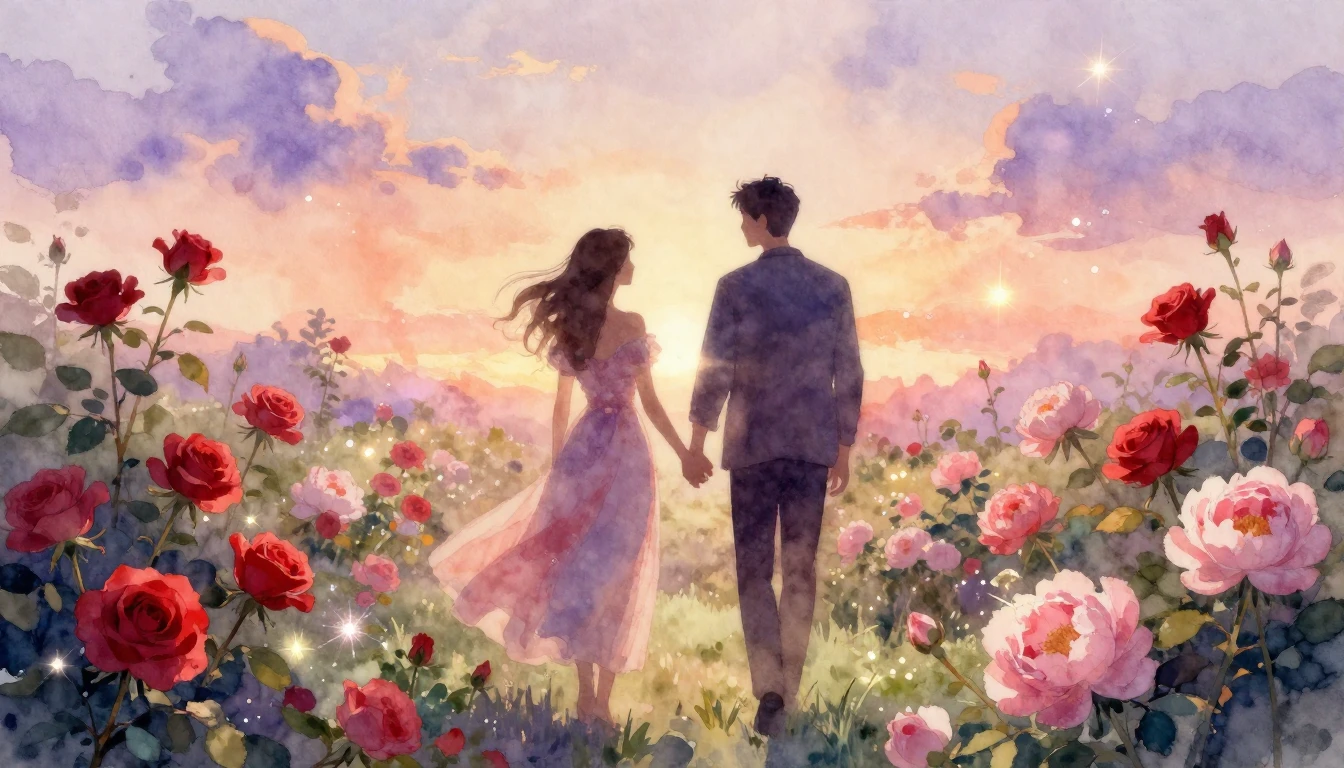 A dreamy and romantic watercolor painting depicting two silh...