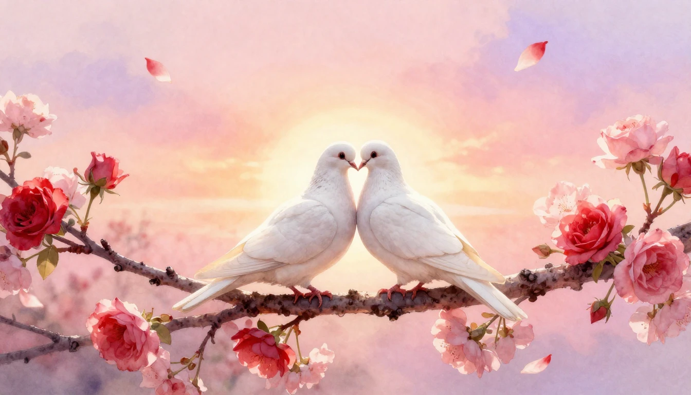 A soft and dreamy watercolor painting depicting a romantic s...