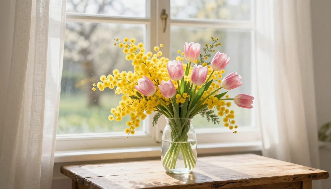 A delicate and vibrant spring bouquet featuring bright yello...