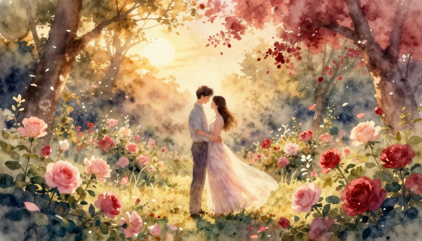 A dreamy and romantic watercolor painting of a couple standi...
