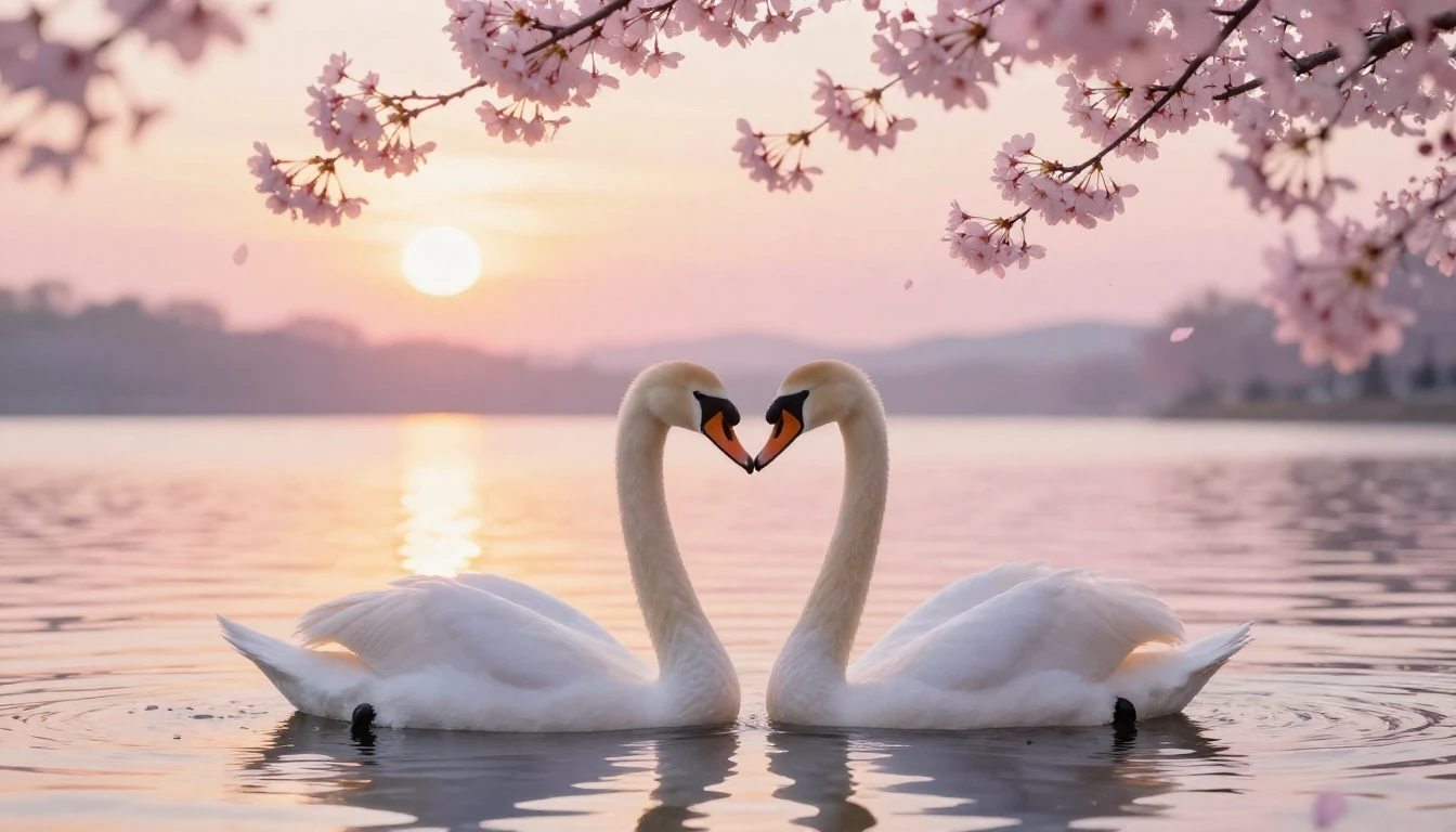 A dreamy and romantic scene featuring two elegant white swan...