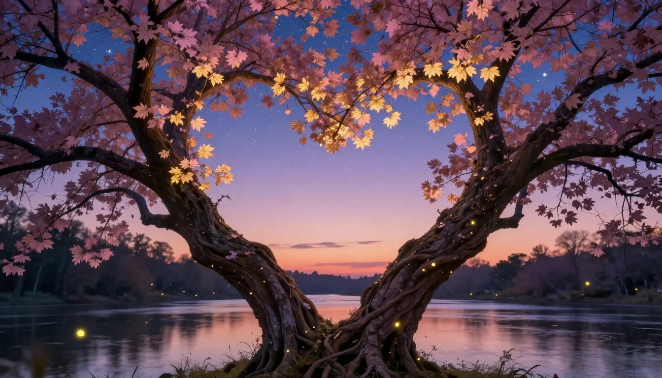 A romantic and dreamy scene featuring two intertwined trees ...