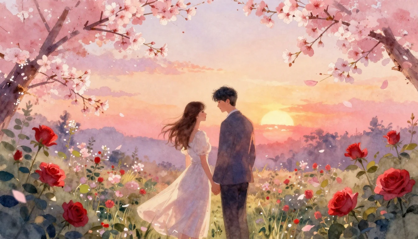 A breathtaking watercolor painting of a romantic couple stan...