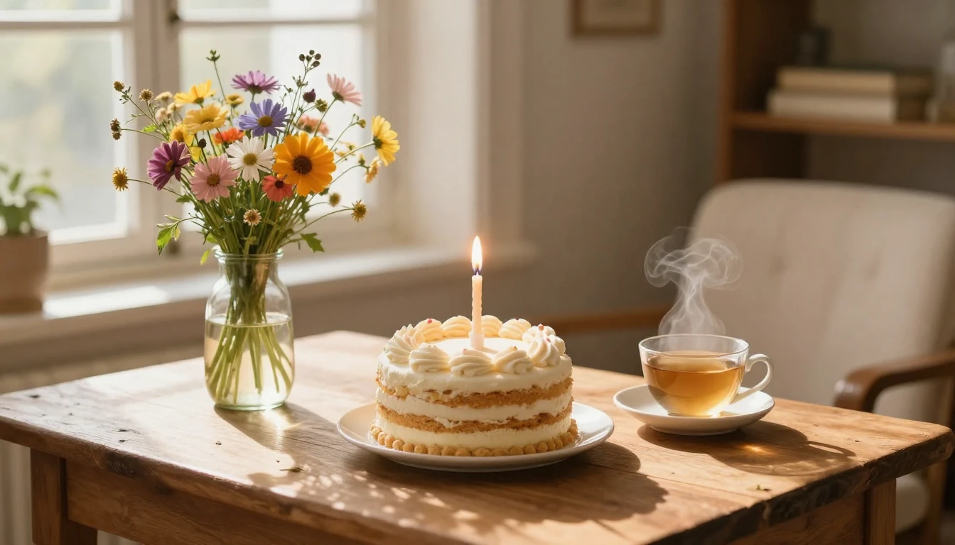 A cozy and warm indoor setting with soft golden sunlight str...