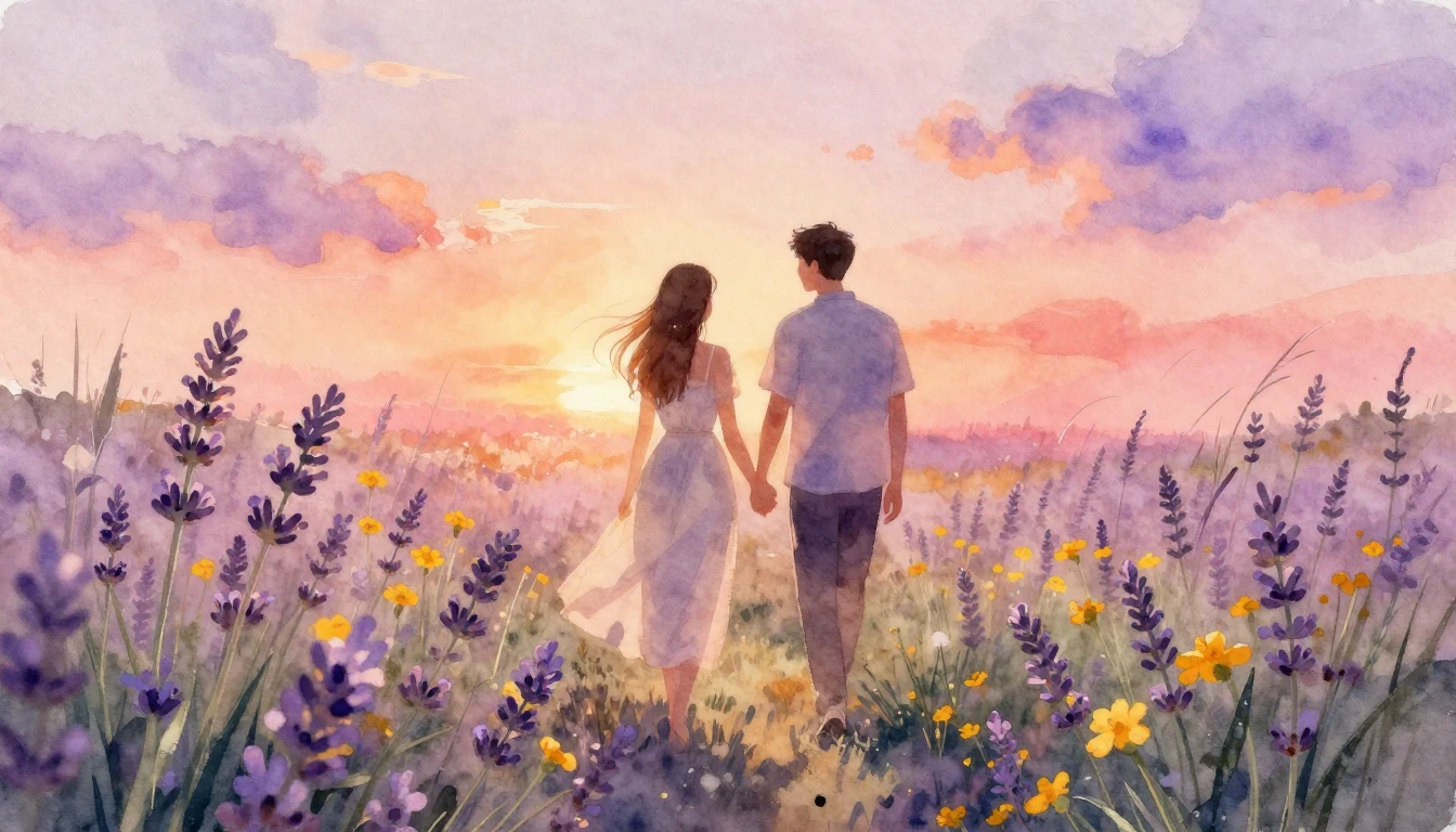 A dreamy watercolor illustration of a couple walking hand-in...