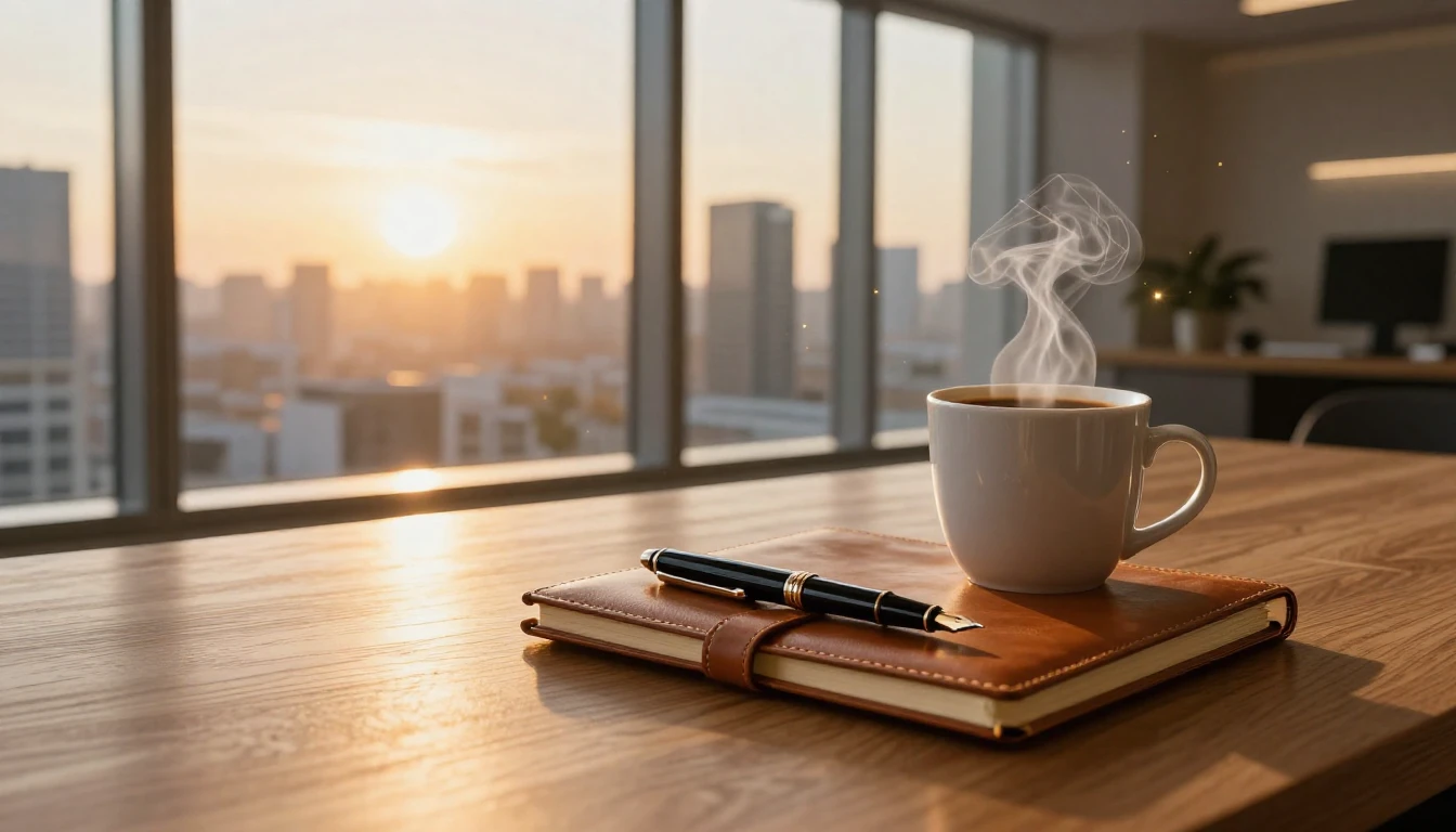 A modern and inspiring workspace scene. An elegant wooden de...