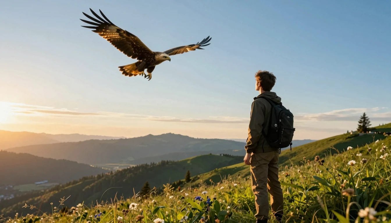 A cinematic shot of a young man standing on a hill, looking ...