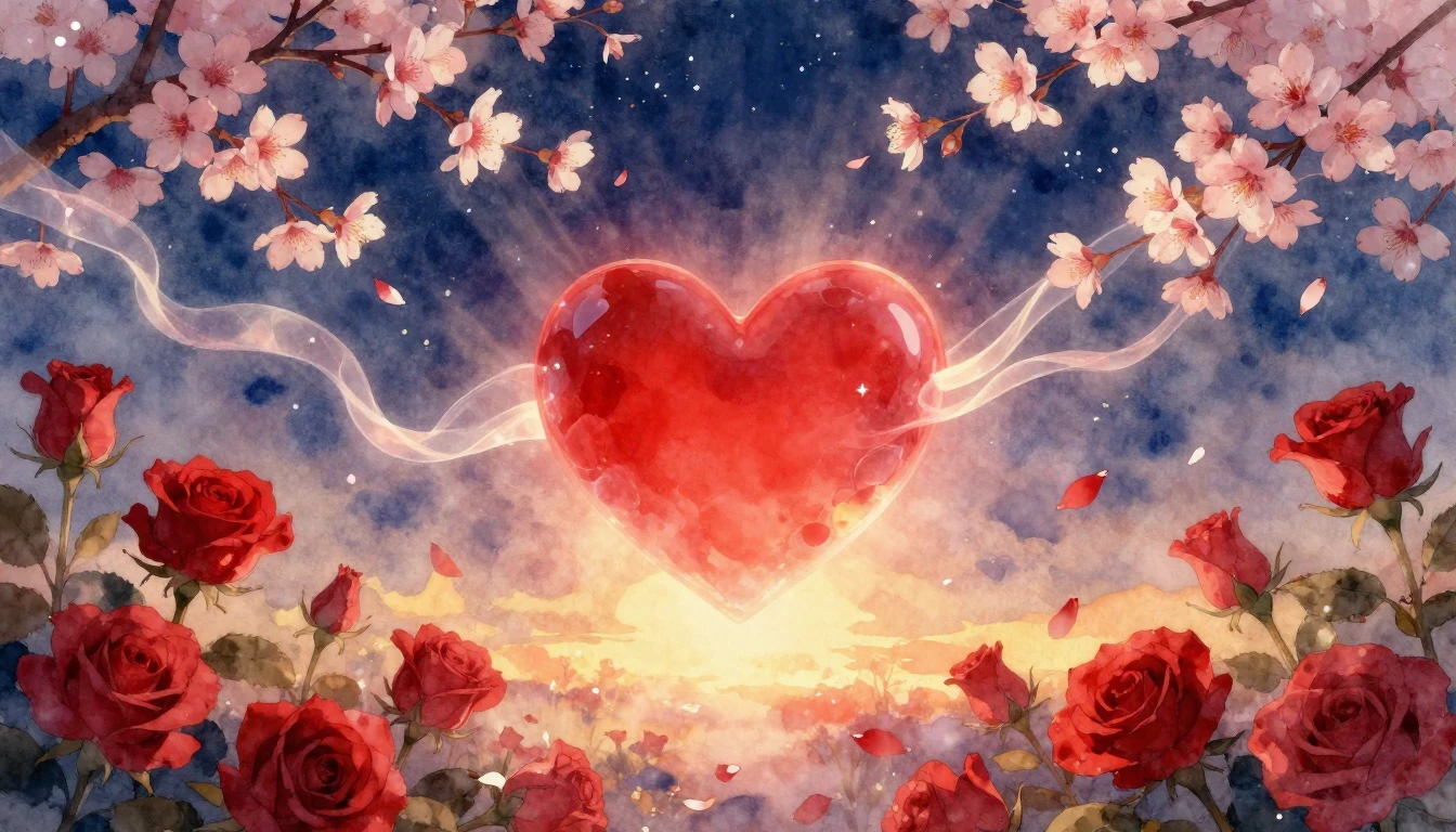 A soft and romantic watercolor painting depicting a glowing,...