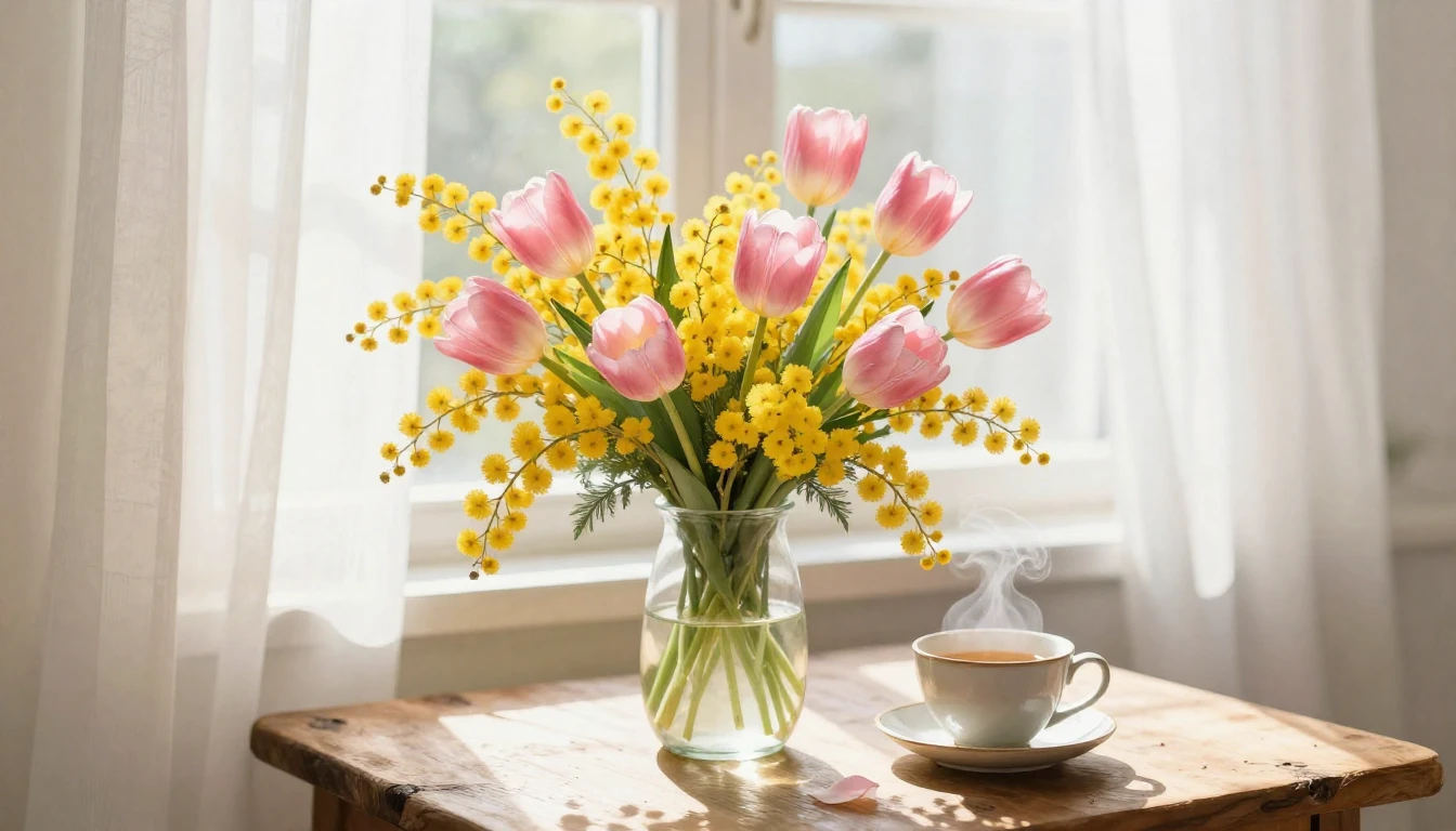 A beautiful bouquet of fresh spring flowers including yellow...