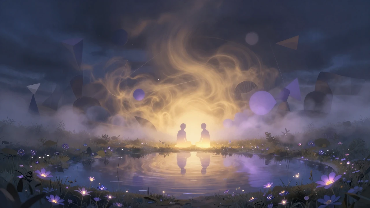 An ethereal, serene landscape at twilight where a soft lumin...