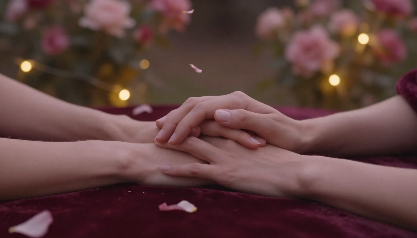 An intimate and atmospheric scene featuring two hands gently...