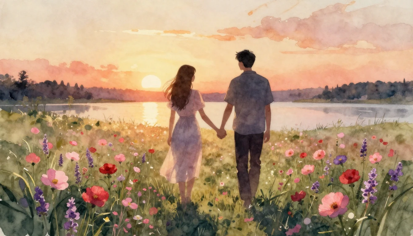 A dreamy and ethereal scene of two silhouettes holding hands...