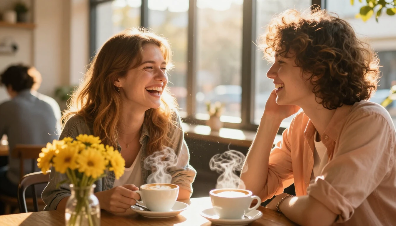 A heartwarming and vibrant scene of two close friends sharin...