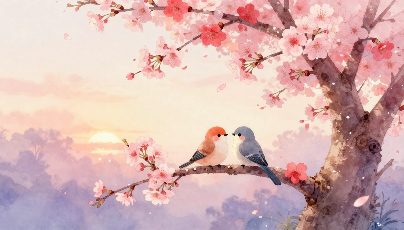 A soft and dreamy watercolor painting depicting a romantic s...